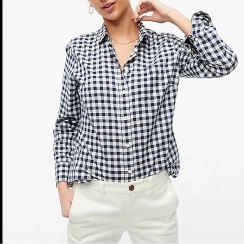 J. Crew Women’s Navy and White Checkered Button-Up 100% Cotton XL Shirt